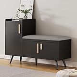 Merax Schuhschrank mit Sitzbank, Schuhbank mit Sitzfläche, 3 Stauraumtüren, asymmetrische Metallgriffen, Schwarz, B100/T34/H69 cm