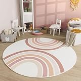 TT Home Babyzimmer Teppich Rund Kinderzimmer Waschbar Regenbogen Sonne, Farbe:Rosa Beige Pink, Größe:100 cm Rund