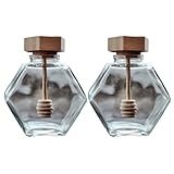 iplusmile Honigtopf 2 Stück Glas Bienenhonigtopf mit Dicht Schließendem Holzdeckel und Rührstab 380 ml für Küche und Teezubereitung Wiederverwendbar