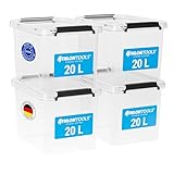 ATHLON TOOLS 4x 20 L Aufbewahrungsboxen mit Deckel, lebensmittelecht - Verschlussclips - 100% Neumaterial Plastik-Box transparent - Kleiderboxen stapelbar