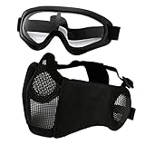 Hodeacc Airsoft-Maske und Brille, Halbgesichtsmaske aus Metallgeflecht, mit Ohrenschutz, Airsoft-Brille, Augenschutz für Outdoor-Jagd, CS-Spiel (Schwarze Maske)