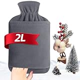 MUPAS Wärmflasche mit Vliesbezug –2L Große Auslaufsicher Bettflasche –Weicher Wärmflaschen mit Känguru Tasche +Naturkautschuk –Hot Water Bag für Kinder & Erwachsene –Zur Schmerzlinderung (Grau)