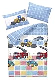 JACK Kinder Renforce Baby Bettwäsche 2 TLG. 100x135cm Autos Fahrzeuge Feuerwehr Polizei Traktor Radlader Bunt Reißverschluss