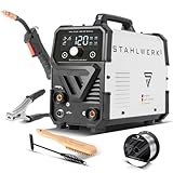STAHLWERK Schweißgerät Mini FLUX 120 ST Digital – Fülldrahtschweißen (FLUX) ohne Schutzgas bis 120 A, kompakt, synergischer Drahtvorschub, integriertes LED-Licht, Lift-TIG- und MMA/ARC-Funktion