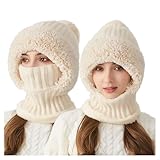 Generisch Wintermütze Damen mit Schal Gesichtsmaske 3-in-1 Strick Balaclava Set, Integrierter Winddichte Mütze Schal Set, Winter Versatile Knitted Hooded Scarf for Women