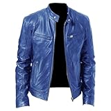 Herren-Motorrad-Bomberjacke aus Kunstleder, mit Reißverschluss, Stehkragen, Lederjacke, blau, L