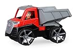 Lena 04510 TRUXX² Kipper, Baustellenfahrzeug ca. 28 cm, Muldenkipper LKW mit vollbeweglicher Spielfigur, robuster Kipplaster, Mulde kippbar, für Kinder ab 2 Jahre, Spielfahrzeug, Rot/Grau