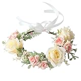 Geoyien Blumenkranz Haare, Blumenhaarkranz, Verstellbares Blumenkranz-Stirnband, Krone, Blumengirlande, Blumenkrone, Rosenblüten-Stirnband, Hochzeit, Boho-Blume mit Band für Frauen und Mädchen,1 Stück