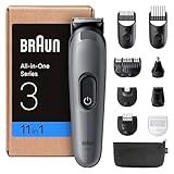 Braun All-in-One Trimmer-Set 3, 11-in-1 Multigroom, Haarschneidemaschine für Gesicht und Kopf, Barttrimmer, Nasenhaartrimmer, 50 Min Akku, 14 Längen (3–21 mm), Wasserdicht, AIO3565, Grau