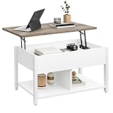YITAHOME Couchtisch mit Anhebbarer Platte, Leicht Anzuheben, 2-Stufiger Stauraum, Höhenverstellbarer Couchtisch mit Verstecktem Staufach und Ablagefläche für Wohnzimmer, Büro, Weiß&Grau