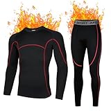 AMZSPORT Herren Thermounterwäsche Set Warmes Kompressionsshirt Kompressionshose Atmungsaktive Funktionsunterwäsche Winter Unterwäsche, SchwarzRot XXL