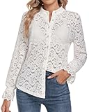 WOWENY Spitzenbluse Damen Langarm Elegant Blusen Stehkragen Hemdbluse Spitze Oberteil Lässig Blusenshirt Durchschauen Shirt(Weiß, M)