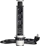 Vertikale Steckdosenleiste mit USB - Pop Up Steckdosenleiste mit 3 Steckdosen und 2 USB - Ø 60mm Unterputz Verteilerstecker mit 1,8 m Kabel - Steckerblock für max. 3680 Watt - Silber