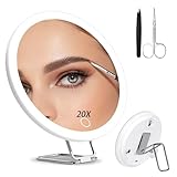 Junyaoxuan Vergrößerungsspiegel mit 20-facher Vergrößerung und Licht, 15,2 cm großer Make-up-Spiegel, 3 Farben, dimmbarer Make-up-Spiegel mit Tischständer, tragbarer LED-Vergrößerungsspiegel mit 3