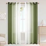 XWZO Gardinen mit Ösen Vorhänge Transparent Farbverlauf Voile Gardinen, Ombre Vorhang für Schlafzimmer und Wohnzimmer 225cm x 140cm(H x B) Armeegrün