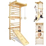 TATIVALO Sprossenwand Sportgerät aus Holz Kletterwand Klettergerüst Indoor, Fitness Turnwand Heimsportgerät für Kinder & Erwachsene mit Stange Turnringe Rutsche Strickleiter
