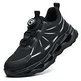 RASEARY Arbeitsschuhe Herren Damen Sicherheitsschuhe mit Stahlkappe Leicht Stahlkappenschuhe Schutzschuhe mit Drehbaren Schnallenschnürsenkeln Safety Shoes,Schwarz EU 44