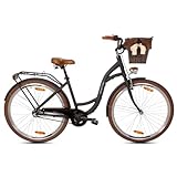 Goetze Style 28 Zoll Damen Citybike, 18 Zoll Aluminiumrahmen, Tiefeinsteiger, 3-Gang Nabenschaltung, Rücktrittbremse, LED-Beleuchtung, Gepäckträger, Komfortsattel, Rattankorb mit Stoffeinsatz!