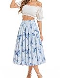 Bbonlinedress Rock Damen a Linie Faltenrock Knielang Sommer Röcke mit Blumendruck Tellerrock Casual Hohe Taille Midirock Blue Rose M
