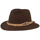 Breiter Original Herren Trachtenhut, Filzhut, Wanderhut Tiroler-Art, 100% Wolle, Hanfkordel, Edelweiß & schmaler Krempe Braun 56