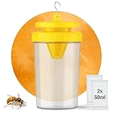 Wespenfalle mit 2x50ml Lockstoff – ohne Insektizide, für innen & außen – Wirksam bis 6 Wochen – gegen Wespen, Hornissen, Fliegen & Fruchtfliegen – PT19 Lockmittel – Made in EU