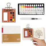 Mini Aquarell Travel Set, Skizzenbuch Palette Set 8 Grids,Tragbares Holz Malpalette Malkasten,Skizzenbuch Palette für Künstler, Studenten,mit Aquarellpapier Journal, Aquarellpinsel Stiftel, Clip