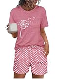 Uniexcosm Schlafanzug Damen Kurz Zweiteiler Pyjama Set Baumwolle Nachtwäsche Löwenzahnmuster Oberteil und Polka Dot Schlafshort Sleepshirt für Sommer Rosa L
