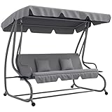 Outsunny Hollywoodschaukel mit Liegefunktion, 3-Sitzer Gartenschaukel mit Verstellbarem Dach, Seitenklapptisch, wasserabweisender Schaukelbank belastbar bis 340kg, für Garten, 200x120x164cm, Hellgrau