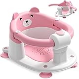 Badewannensitz Baby ab 6 Monate, Bär Rutschfester Badesitz Baby mit 4 Saugnäpfen und Kissen für Kleinkinder und Neugeborene, Sicherer Tragbarer Badstuhl für Dusche oder Badewanne, Rosa