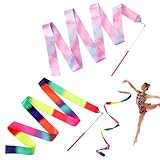 Molain 2 Stück Tanzband, 4.5cm*2m Tanzband mit Stab Kinder Gymnastikband mit Stab Gymnastikband Tanzbänder Turnen zubehör für Künstlerische Tanztraining Baraufführung (Regenbogen+Rosa)