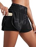 CRZ YOGA Damen 2 in 1 Running Shorts High Waist Schnelltrocknend Atmungsaktiv Sporthose Laufhose Laufshorts mit Tasche Schwarze Tie-Dye-Blumen 40