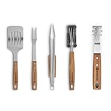 BURNHARD Grillbesteck-Set 5-TLG. 42 cm, Akazienholz Edelstahl, Grillzubehör mit Grillzange, Grillwender, Fleischgabel, Grillbürste und Rostheber