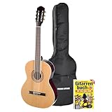 Almeria Konzertgitarren Set, 4/4 Gitarre, Gigbag und Lehrbuch, Hochglanz Finish, Selected Hardwood Hals, Composite Griffbrett, Ideal für Anfänger und Fortgeschrittene, Gold Hardware
