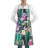 Blühender Kaktus-Druck, Schürze mit Taschen, verstellbare Latzschürze, Kochschürze, Grillschürze, Weiß, Einheitsgröße, Weiß, EinheitsgröÃŸe