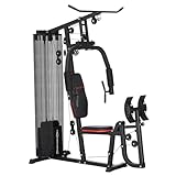 SPORTNOW Kraftstation, Multifunktionale Fitnessstation mit Latzug- & Butterflystange, Beinpresse, Fitnessgerät mit 45 kg Gewichtsblöcken für Zuhause, Schwarz