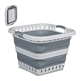 Relaxdays Wäschekorb faltbar, 40 Liter, Kunststoff, mit Tragegriffen, HxBxT: 35 x 48,5 x 48,5 cm, Wäschewanne, grau/weiß