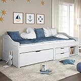 Festnight Tagesbett mit 3 Schubladen Bett mit Stauraum Senta Kinderbett Jugendbett Bett 90x200 Kiefer Natur Tagesbett Gästebett Einzelbett mit Schubkästen Funktionsbett Kojenbett Weiß 90x200cm