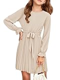 Haloumoning Mädchen Kleid Elegant Langarm Kleider Kids A-Linie Faltenrock Rundhals Fließender Midi Kleid, Aprikose, 5-6 Jahre