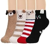 Kuschelsocken Damen Flauschige Socken, 4 Paar Kuschel Socken Warme Wintersocken, Dicke Socken Damen Weihnachtssocken Haussocken, Schlafsocken Damen Plüschsocken, Kuschelige Socken Damen Thermosocken