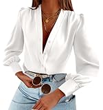 Imily Bela Damen Satin Bluse V-Ausschnitt Langarm Blusenshirt Elegant Business Hemd （weiß，S