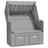 vidaXL Strandkorb mit Dach Gartenliege Volllieger Sonneninsel Sonnenliege Strandliege Zweisitzer Liege Strand Poly Rattan Massivholz Grau
