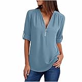 Ybing Meine bestellungen anzeigen Langarmshirt Damen Reißverschluss V-Ausschnitt Pullover Einfarbig Oberteile mit Manschettenknöpfe Causal Bluse Locker Pulli Bequem Langarm Tshirt Teenager