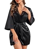 Avidlove Bademantel Damen Kimono Robe mit Gürtel Leichter Morgenmantel V-Ausschnitt Nachthemd für Braut spitze Nachtwäsche Schwarz S