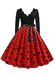 EFOFEI Damen Dot Einfarbig Rockabilly Kleid Weihnachten Kleider Kurzarm Petticoat Lange Ärmel Ballkleid Rot L