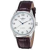 Gute Mechanical mechanische Armbanduhr für Herren, Modell „Winner“, klassisches Design, weißes Zifferblatt, Blaue Zeiger, Armband aus Kunstleder, selbstaufziehend