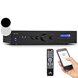 Auna HiFi Verstärker mit Bluetooth, Verstärker-HiFi-Stereo, Mini Verstärker mit Bass- und Höhenregler, Bluetooth Musik-Verstärker-Lautsprecher mit Fernbedienung, AV Receiver, 2 Kanal AUX-Verstärker