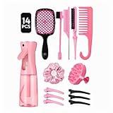 6 PCS Haarbürsten Set mit Haarbürste mit Haar Sprühflasche Styling Kit enthält Randbürste, Lockenbürste, Rundbürste, Kopfhautbürste, Haarbürste für alle Haartypen #Pink