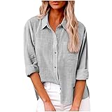 Damen Leinenhemd Elegant - Langarm Sommer Bluse Mit Revers, Einfarbig Basic Top - Grau, M