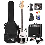 MAX GigKit Bassgitarre Set, E Bass Gitarre, Bass Guitar mit Gitarrenverstärker, Tasche, Stimmgerät, Plektren, Ständer, Gurt, Kabel und Ersatzsaiten - 21 Bünde - schwarz