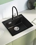 Sofetiy Küchenspüle Schwarz Granit 50x45cm, Spülbecken küche, Spüle Schwarz, Waschbecken Küche Eckig, Granitspüle, Moderne Einbauspüle Set, Spüle mit 2 Hahnlöcher, 1 Becken